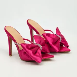 Women’s PU High-heeled Sandals, Pointed Bow Rhinestone Slides, Party Dress Shoes
