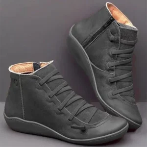 Women’s PU Leather Ankle Boots with Cotton Lining Flat Heel Slip-On Closure Casual Shoes for Large Sizes