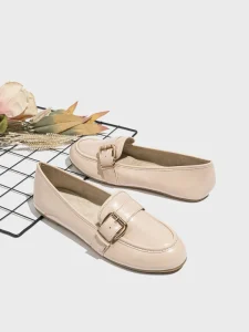 Womens PU Leather Ballet Flats with Metal Buckle Round Toe Flat Slip-On Casual Shoes for Autumn Daily