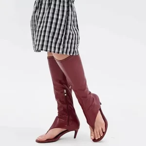 Women’s PU Leather Knee High Sandal Boots Round Toe Open Toe High Heel Sandal Boots