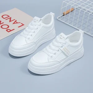 Women’s PU Leather Low Top Lace Casual Sneakers Mesh White Flat Sneakers for Summer