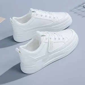 Women’s PU Leather Tennis Shoes Low Top Lace Up Casual Shoes Comfortable Lady Girl’s White Flat Shoes Sneakers for Women