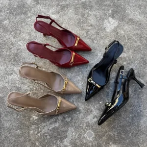 Women’s PU Slingback Red Wedding Shoes French Pointy High Heels Wine Red Strap Empty High Heel Sandals