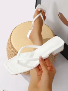Women’s PU Upper Flip Flop Mule Sandals Square Toe 3cm Block Heel Slip-On Comfortable Summer Outdoor Daily Wear Thong