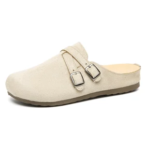 Women’s PVC Clogs Mules Round Toe Flat Heel with Metal Buckle Decor Suede Upper Casual Daily Footwear for Spring and Autumn