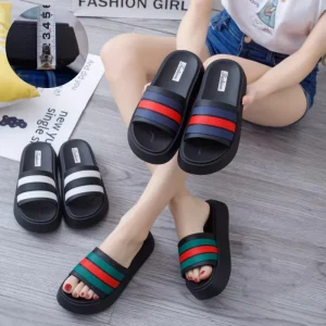 Women’s PVC Thick Sole Simple Stripes Casual Beach Sandals Outdoor Soft Striped Slides Slippers for Women & Ladies