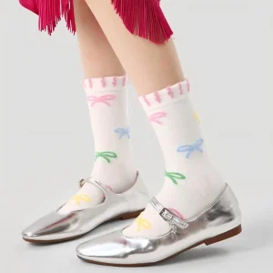 Women’s Pastel Bow Sheer Crew Socks Ruffled Frill Cuff Breathable Lightweight Fashion Socks