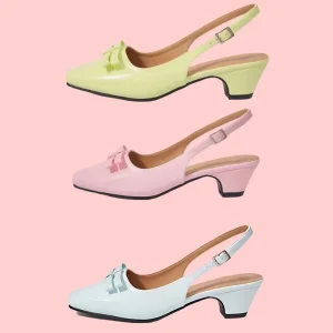 Women’s Patent Leather Bow Slingback Low Heels Square Toe Buckle Strap Comfortable Casual Shoes Dress Shoes