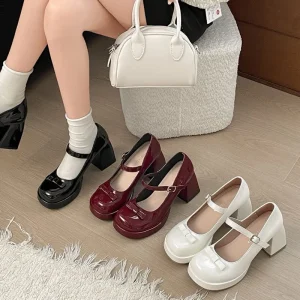 Women’s Patent Leather Mary Jane Pumps Platform Block Heel Bow Decor Elegant Party Dressy Heels