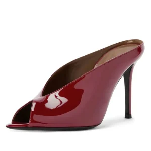 Women’s Patent Leather Peep Toe Mule Heels V Cut Pointed Stiletto Slide Sandals Minimalist OEM Custom