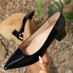 Women’s Patent Leather Pointed Toe Block Heel Pumps Comfortable Office Work Dress Shoes