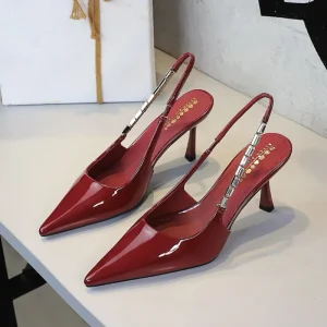 Women’s Patent Leather Pointed Toe Slingback Kitten Heels Elegant Chain Strap High Heel Dress Shoes for Party