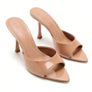 Women’s Patent Leather Pointed Toe Stiletto Mule Sandals Nude Backless High Heel Slide Sandals