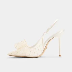 Women’s Pearl Embellished Mesh Slingback Stilettos Elegant Bow Detail High Heels Bridal Wedding Party Dress Shoes
