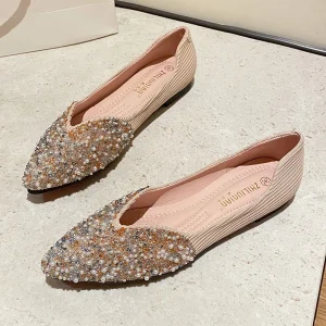 Women’s Pearl Flats Shoes Rhinestone Decor High Top Style Zip Closure Daily Wear Party Dress Summer PU Upper