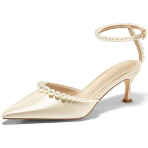 Women’s Pearl Rhinestones Kitten Heels Closed Pointed Toe Bridal Wedding Shoes Ankle Strap Satin Comfort Pumps