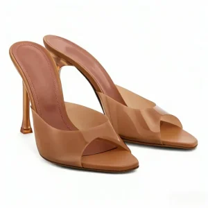 Women’s Peep Toe Stiletto High Heel Slip On Mules Genuine Leather Light Weight Summer Winter Slippers Sandals