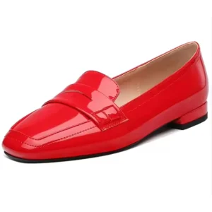 Women’s Penny Fashion Comfortable Patent Low Chunky Heel Slip On Flats Dressy Pumps Loafers Shoes for Work Office