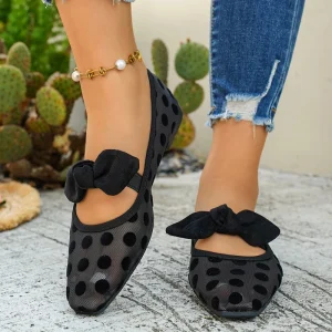 Women’s Pink Black Polka Dot Mesh Bow Mary Jane Flats Square Toe Slip-On Breathable Ballet Shoes Retro Casual Footwear