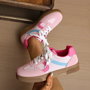 Women’s Pink Color-Block Casual Sneakers Light Blue & Magenta Accents Gum Sole Lace-Up Design Stylish Daily Wear Shoes