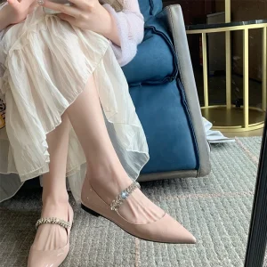 Women’s Pink Flat Shoes Summer Korean Fashion Pointed Toe Rhinestone Slip On Ballerina Flats Soft Sole