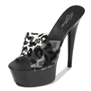 Women’s Pink High Heel Pencil Slipper 15 cm Leopard Print Transparent Striper Shoes for Summer Spring