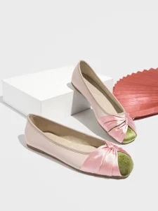Women’s Pink PU Leather Ballet Flats Green Velvet Toe Bow Slip On Shoes Comfortable Flat Shoes