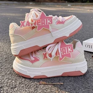 Women’s Pink White Casual Sneakers Star & Letter Accent Chunky Sole Stylish Sweet Streetwear Footwear