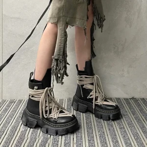 Women’s Platform Boots Black Leather Lace Up Wrap Thick Bottom High Top Fashion Boots