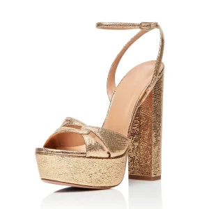 Women’s Platform Gold High Heels Round Toe Ankle Buckle Summer Sandals