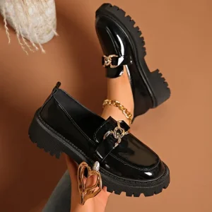 Women’s Platform Loafers Black Patent Leather Slip on Shoes Ladies Chain Decor Chunky Sole Flats Fashion British Style Footwear