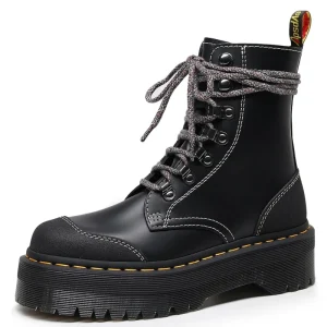 Women’s Platform Mid-Calf Boots Plus Size Cow Genuine Leather Chunky Shoes Ladies Ankle Midi Boots College Style