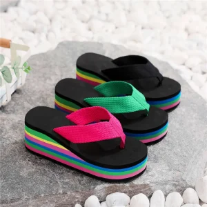 Women’s Platform Slip On Lightweight Summer Rainbow Thick Soled High Heeled Colorful Casual Beach Fabric