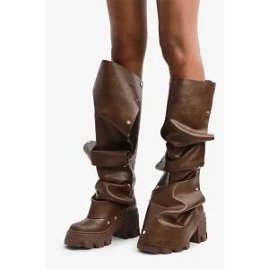 Women’s Platform Slouchy Fold Over Boots Calf Block Heel Round Toe Western Slip On Fashion Boot
