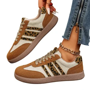Women’s Platform Spring Autumn Leopard Lace Up Slip Resistant Walking Shoes Breathable Lightweight Customizable Casual Sneakers