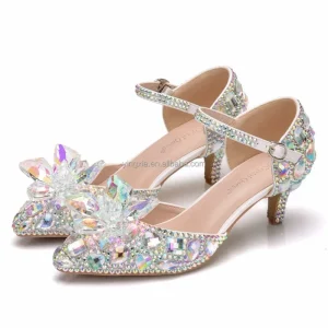 Women’s Plus Size 5cm Color Crystal Rhinestone Wedding Shoes Low Heel Pointed Buckle Strap Sandals PU Insole Bridal Style