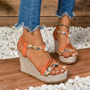 Women’s Plus Size Elegant Light Jute Wedge Platform Sandals Striped Buckle Beach Outdoor Bohemian Style Colorblock