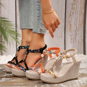 Women’s Plus Size Elegant Light Jute Wedge Platform Sandals Striped Buckle Beach Outdoor Bohemian Style Heel Sandals