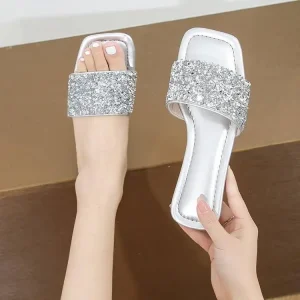 Women’s Plus Size Flat Sandals for Slippers Low Heel Rhinestone All Match Open Toe with One Line Loop Casual PU Insole