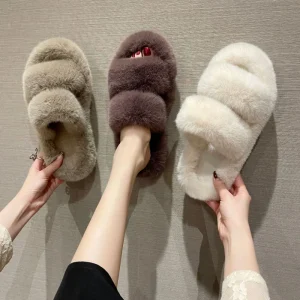 Women’s Plus Size Lightweight Soft Trend Fluffy EVA Plush Upper Rubber Outsole Double Flats Winter Warm Indoor for