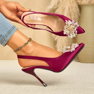 Women’s Plus Size Pointed Toe Slingback Pumps with Gold Buckle Satin Stiletto Heels for Summer Office Wedding & Evening Events