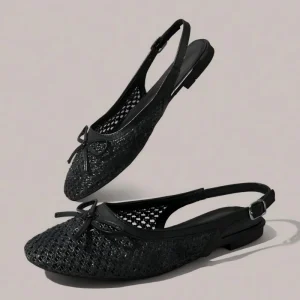 Women’s Plus Size Raffia Mesh Mary Jane Flats Square Toe Bow Buckle Strap Breathable Soft Comfortable Retro Dress Shoes
