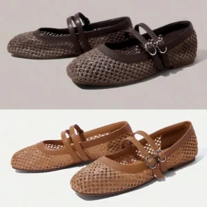 Women’s Plus Size Raffia Mesh Mary Jane Flats Square Toe Double Buckle Strap Flats Breathable Retro Dress Shoes