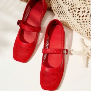 Women’s Plus Size Red Mesh Mary Jane Flats Square Toe Buckle Strap Breathable Lightweight Fashion Trend Evergreen Summer Shoes