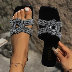 Women’s Plus Size Summer Flat Sandals Cross Border Foreign Trade Rhinestone Decor Soft Square Head Slippers Outer