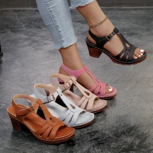 Women’s Plus-size Sandals Solid Color Peep-toe Chunky Heel