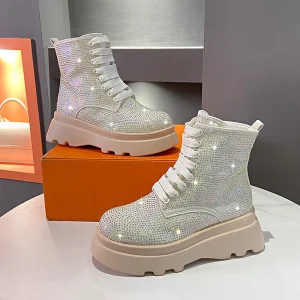 Women’s Plush Boots Rhinestone Fashion Design Chunky Platform Ankle Boots