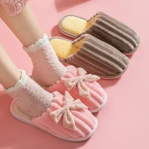 Women’s Plush Bowknot Home Slippers Cozy Fuzzy Fleece Lined Anti Slip Indoor Slippers Stylish Warm Footwear for Winter