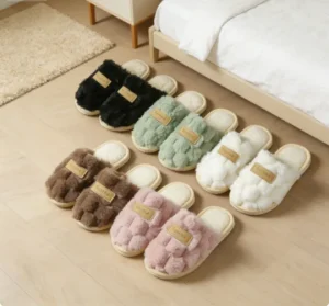 Women’s Plush Fuzzy Slippers Home Fur Open Toe Slides Autumn Winter Indoor Silent Comfort EVA Soft Soled Flip Flops