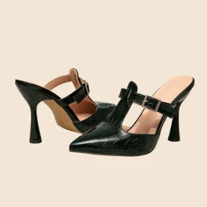 Women’s Pointed Stilettos High-Heeled Textured Slip-On Buckle Sandals Breathable Chunky Heel Plus Size Height Increasing